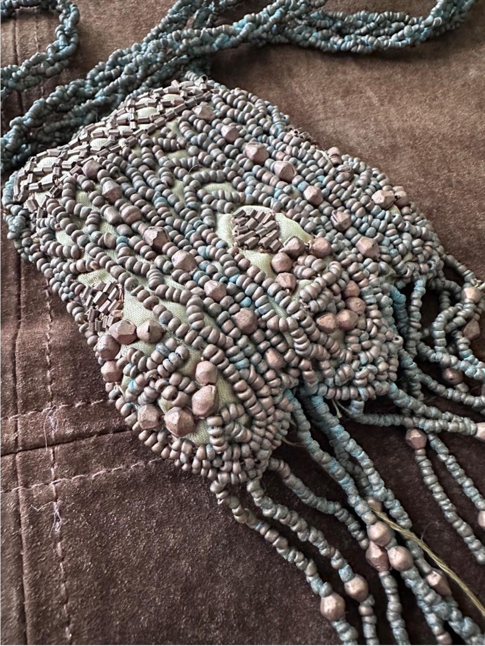 Beaded Fringe Crossbody Bag - Teal and Tan
